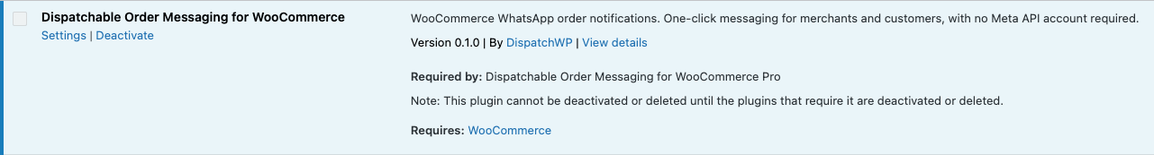 WordPress Plugins screen showing Dispatchable Order Messaging for WooCommerce active, with a Settings link next to Deactivate