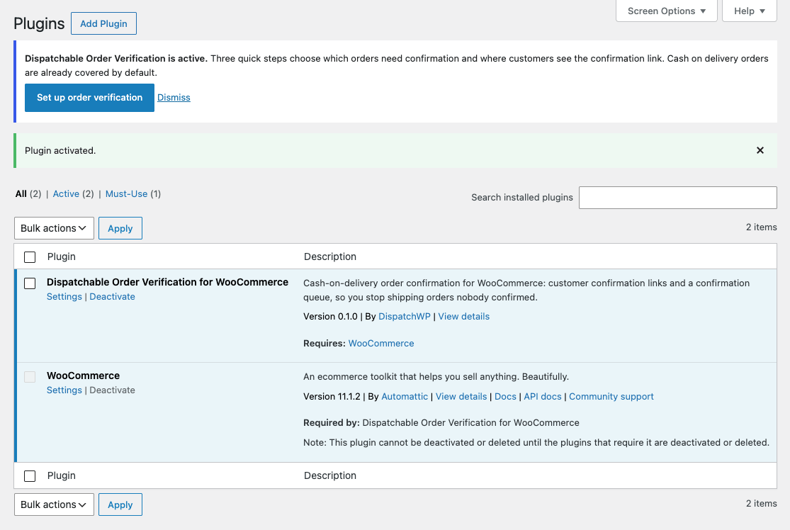 WordPress Plugins screen showing the notice 'Dispatchable Order Verification is active.' with a Set up order verification button and a Dismiss link