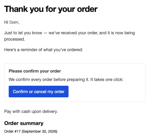 WooCommerce customer order email with a 'Please confirm your order' box above the order table and a Confirm or cancel my order button
