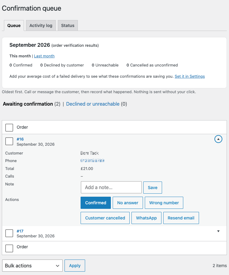 Confirmation queue listing orders awaiting confirmation, oldest first, with Order, Customer, Phone, Total, Calls, Note and Actions columns, and the Confirmed, No answer, Wrong number, Customer cancelled, WhatsApp and Resend email buttons