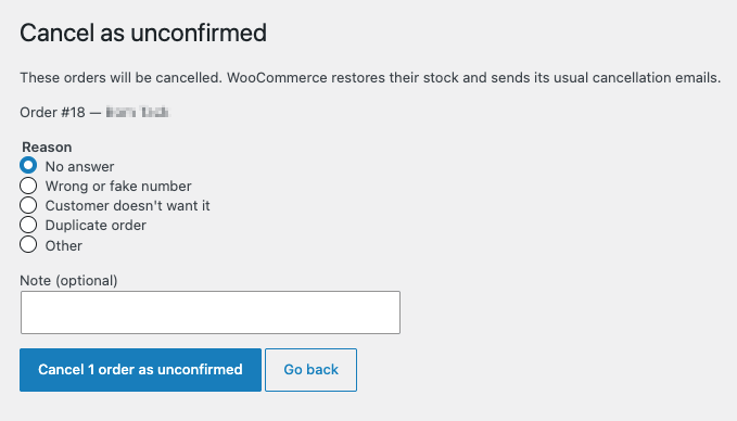 Cancel as unconfirmed screen with the Reason dropdown, an optional Note field, and a Cancel 1 order as unconfirmed button