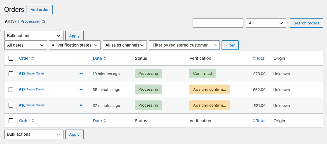 WooCommerce Orders list with a Verification column showing Awaiting confirmation, Confirmed and Not required badges, the All verification states filter, and the order verification bulk actions