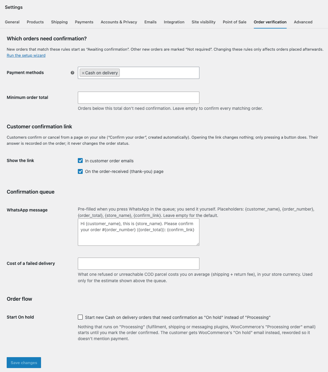 WooCommerce Settings, Order verification tab, showing the Which orders need confirmation, Customer confirmation link, Confirmation queue and Order flow sections