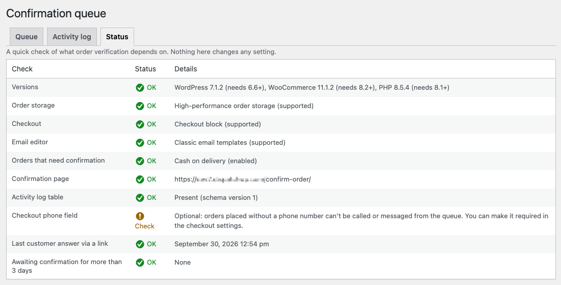 Status tab on the Confirmation queue page listing checks such as Versions, Order storage, Checkout, Confirmation page, Activity log table and Checkout phone field, each with an OK, Check, Problem or Info badge