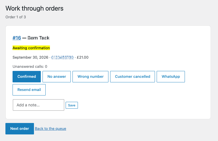 Work through orders screen showing 'Order 1 of 5', the customer's details, 'Unanswered calls: 0', the outcome buttons, and Previous, Next order and Finish buttons