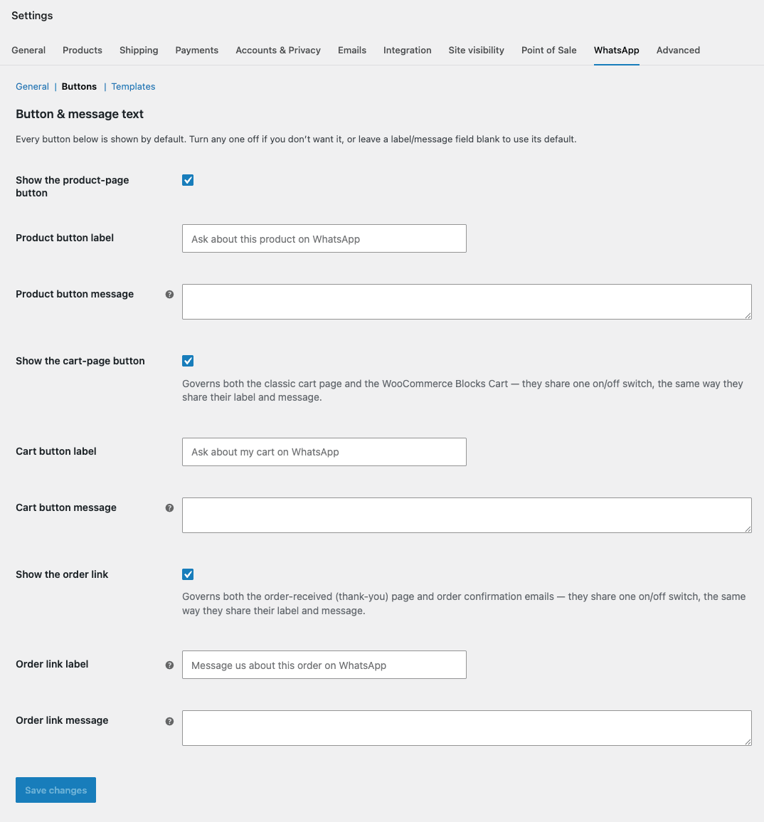 WooCommerce Settings, WhatsApp tab, Buttons section, showing the product-page, cart-page and order link toggles with their label and message fields