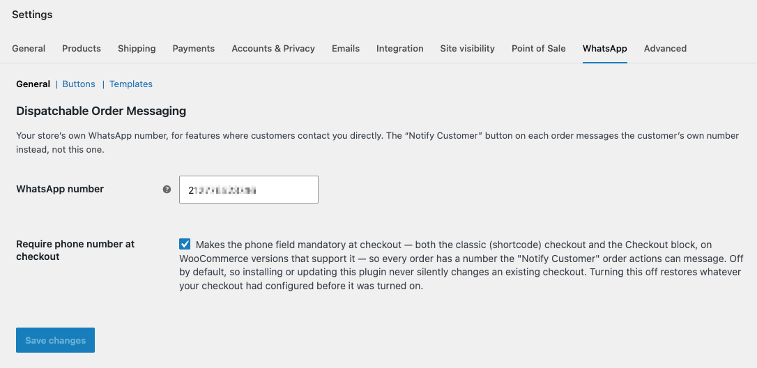WooCommerce Settings, WhatsApp tab, General section, showing the WhatsApp number field and the ‘Require phone number at checkout’ checkbox