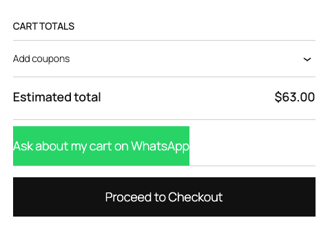 WooCommerce Cart block with a green ‘Ask about my cart on WhatsApp’ button below the totals and above Proceed to Checkout