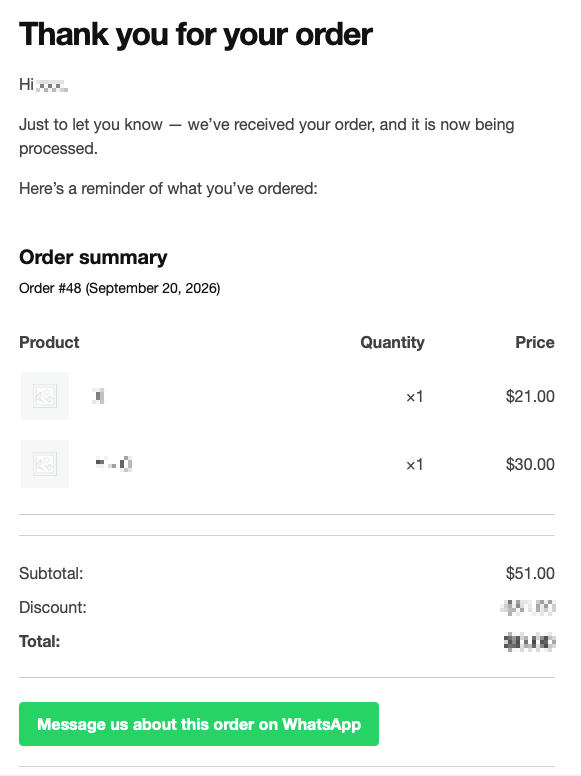 WooCommerce customer ‘Your order is processing’ email with a green ‘Message us about this order on WhatsApp’ button below the order table