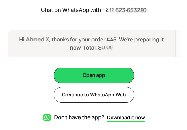WhatsApp Web chat with a customer, with the Processing template message pre-filled in the message box and not yet sent