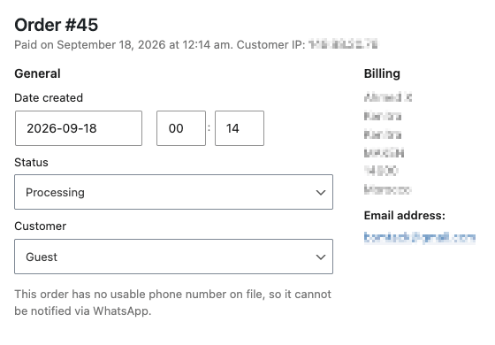 WooCommerce Edit order screen showing the message ‘This order has no usable phone number on file, so it cannot be notified via WhatsApp.’ instead of the Notify button