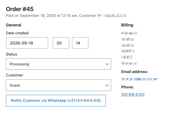 WooCommerce Edit order screen with the ‘Notify Customer via WhatsApp (+212612345678)’ button in the order details box