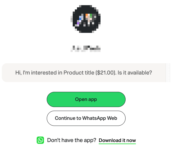 WhatsApp on a phone with the message ‘Hi, I’m interested in Blue T-shirt (150.00 MAD). Is it available?’ pre-filled to the store’s number