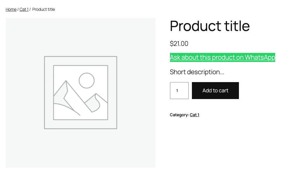 Single product page with a green ‘Ask about this product on WhatsApp’ button below the Add to cart button