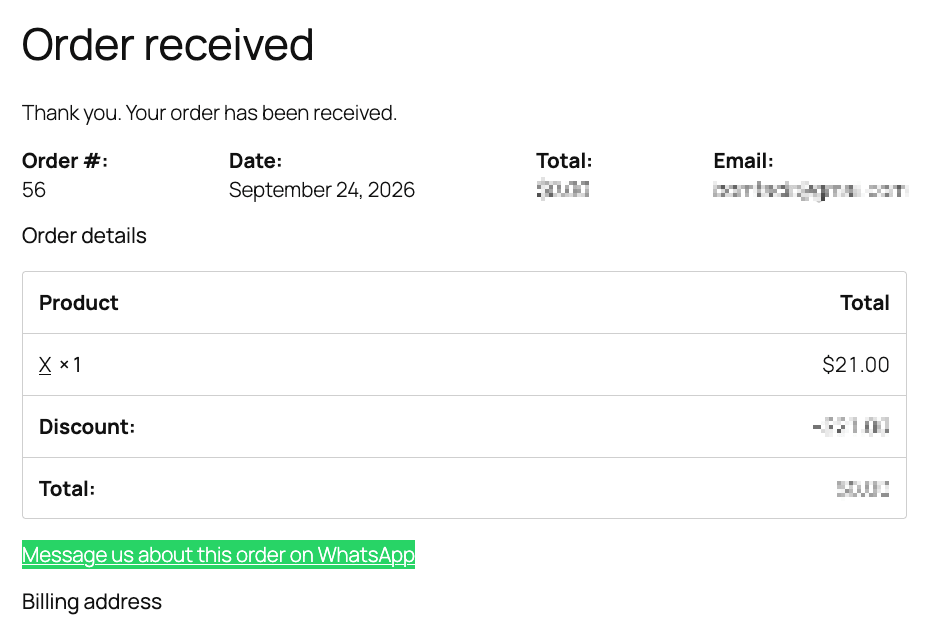 WooCommerce order-received page with a green ‘Message us about this order on WhatsApp’ button below the order details