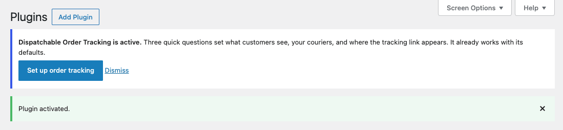 WordPress Plugins screen showing the notice 'Dispatchable Order Tracking is active.' with a Set up order tracking button and a Dismiss link