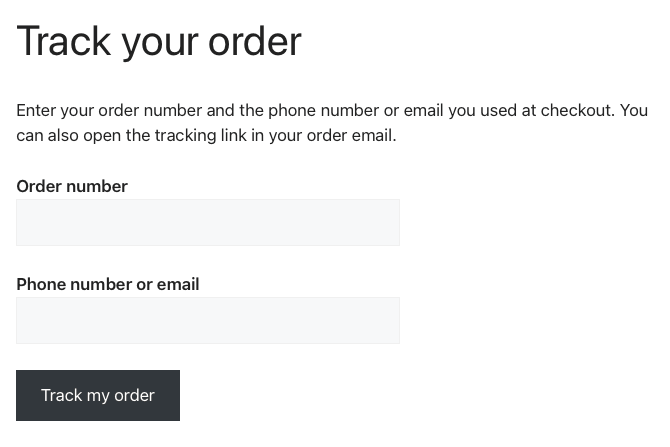Track your order page showing the lookup form with Order number and Phone number or email fields and a Track my order button