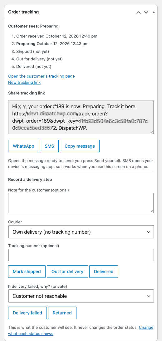 WooCommerce Edit order screen with the Order tracking box showing Customer sees: Shipped, the steps with times, the Record a delivery step controls with Courier and Tracking number fields, and the Mark shipped, Out for delivery, Delivered, Delivery failed and Returned buttons