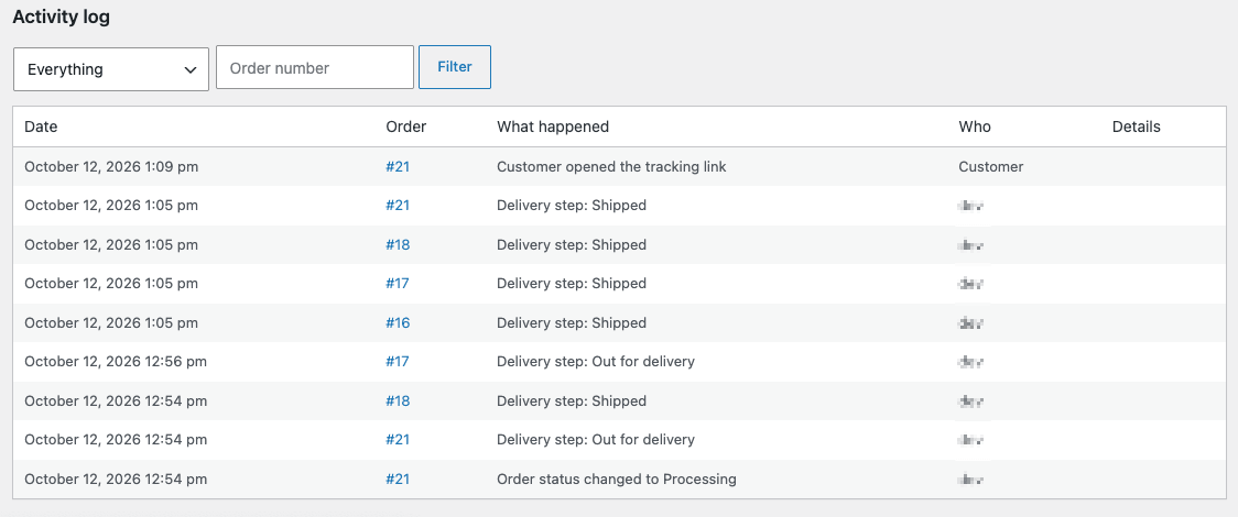 Activity log on the Order tracking page listing events such as 'Delivery step: Out for delivery', 'Customer opened the tracking link' and 'WhatsApp share tapped' with Date, Order, What happened, Who and Details columns