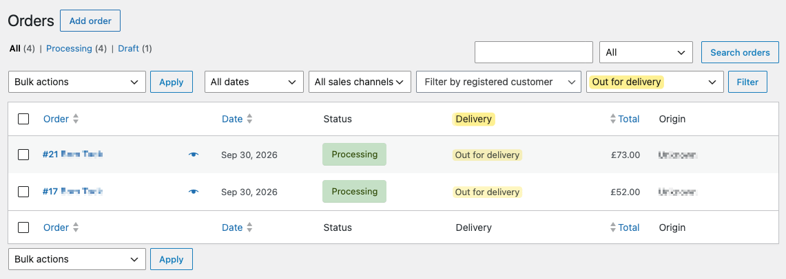 WooCommerce Orders list with a Delivery column showing Preparing, Shipped and Out for delivery, the All delivery steps filter, and the Delivery: Out for delivery bulk action selected