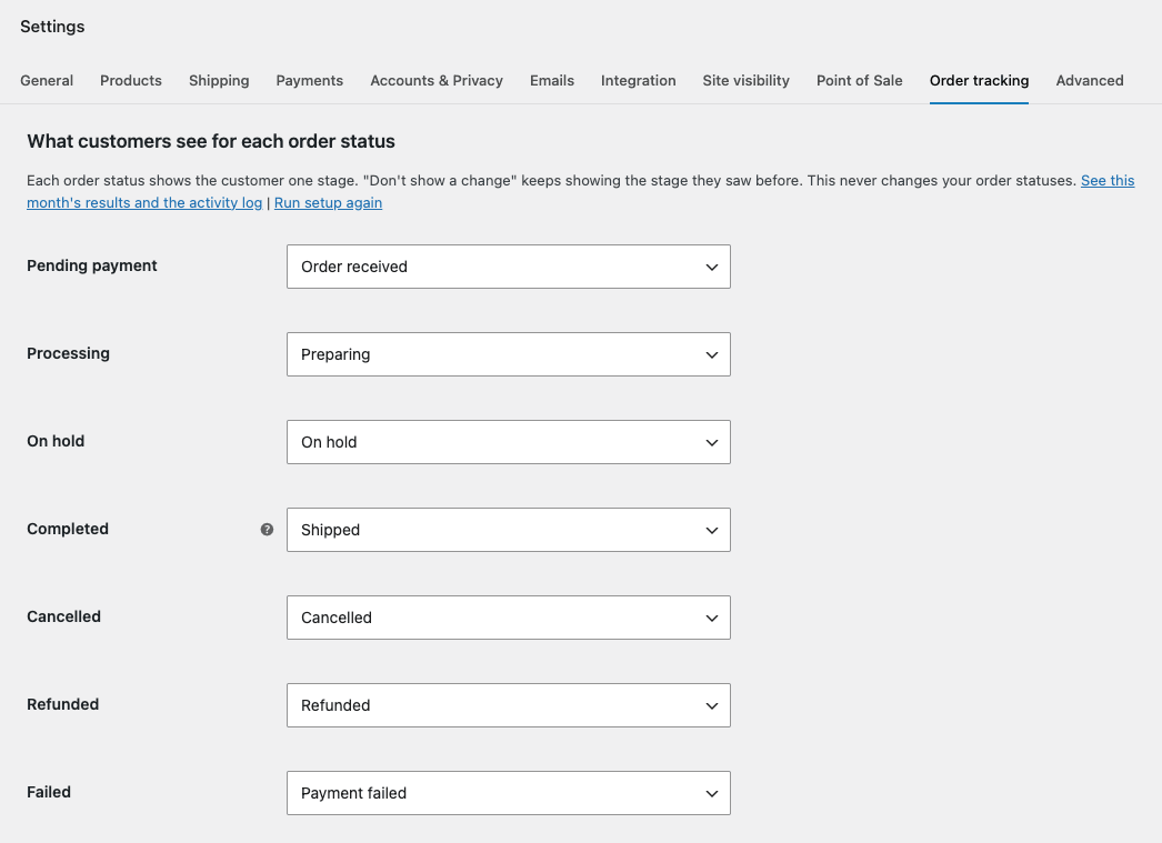 WooCommerce Settings, Order tracking tab, showing 'What customers see for each order status' with a stage chosen for each order status