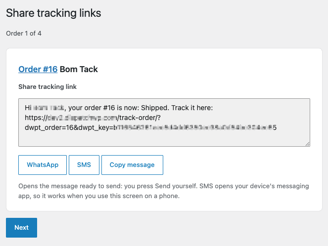 Share tracking links screen showing 'Order 1 of 12', the order's share message with WhatsApp, SMS and Copy message buttons, and Previous, Next and Finish buttons