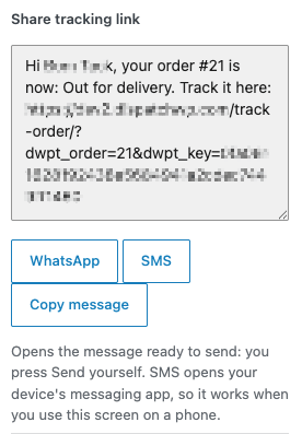 Share tracking link section with a pre-filled message containing the order number, stage and tracking link, and WhatsApp, SMS and Copy message buttons