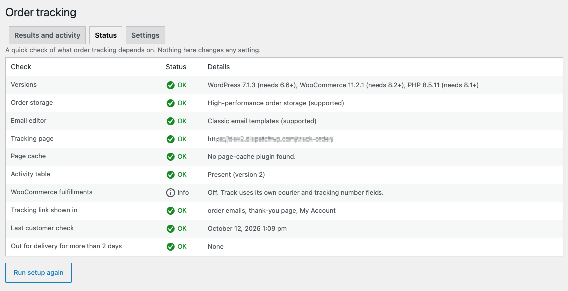 Status tab on the Order tracking page listing checks such as Versions, Order storage, Tracking page, Page cache, Activity table and Out for delivery for more than 2 days, each with an OK, Check, Problem or Info badge